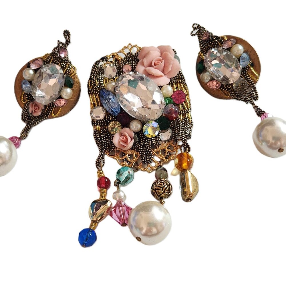 Vintage Handmade Gold MESH DANGLE RHINESTONE PEARL Beads BROOCH PIN EARRINGS SET